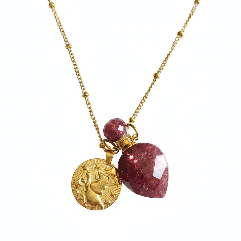 Leo Coin & Strawberry Quartz Vintage Crystal pendant bottle necklace