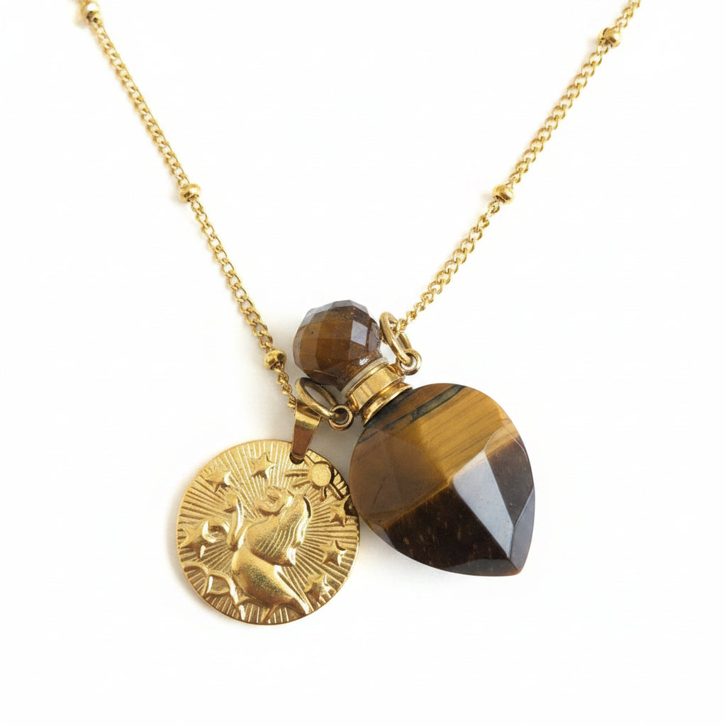 Leo Coin & tiger eye Vintage crystal pendant bottle necklace