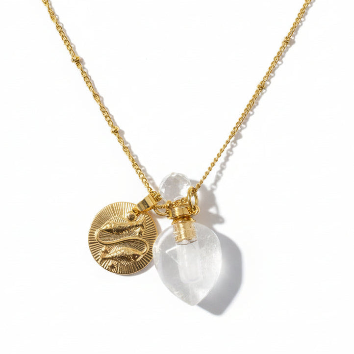 Pisces horoscope necklace with clear quartz crystal pendant