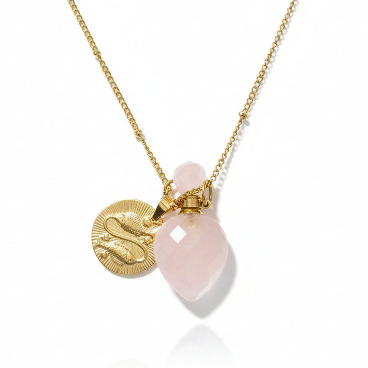 Pisces coin with rose quartz crystal pendant