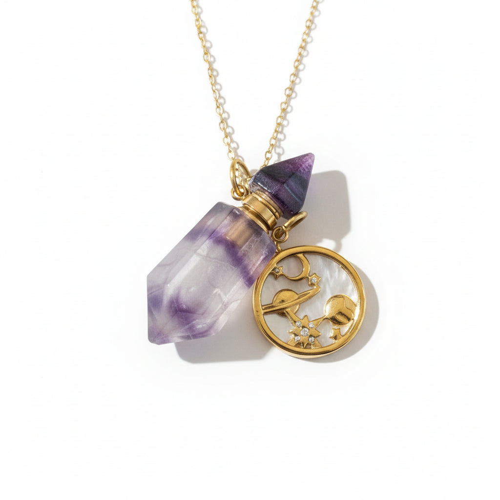 Rainbow Flourite crystal perfume pendant bottle Necklace with cosmos pendant and gold chain
