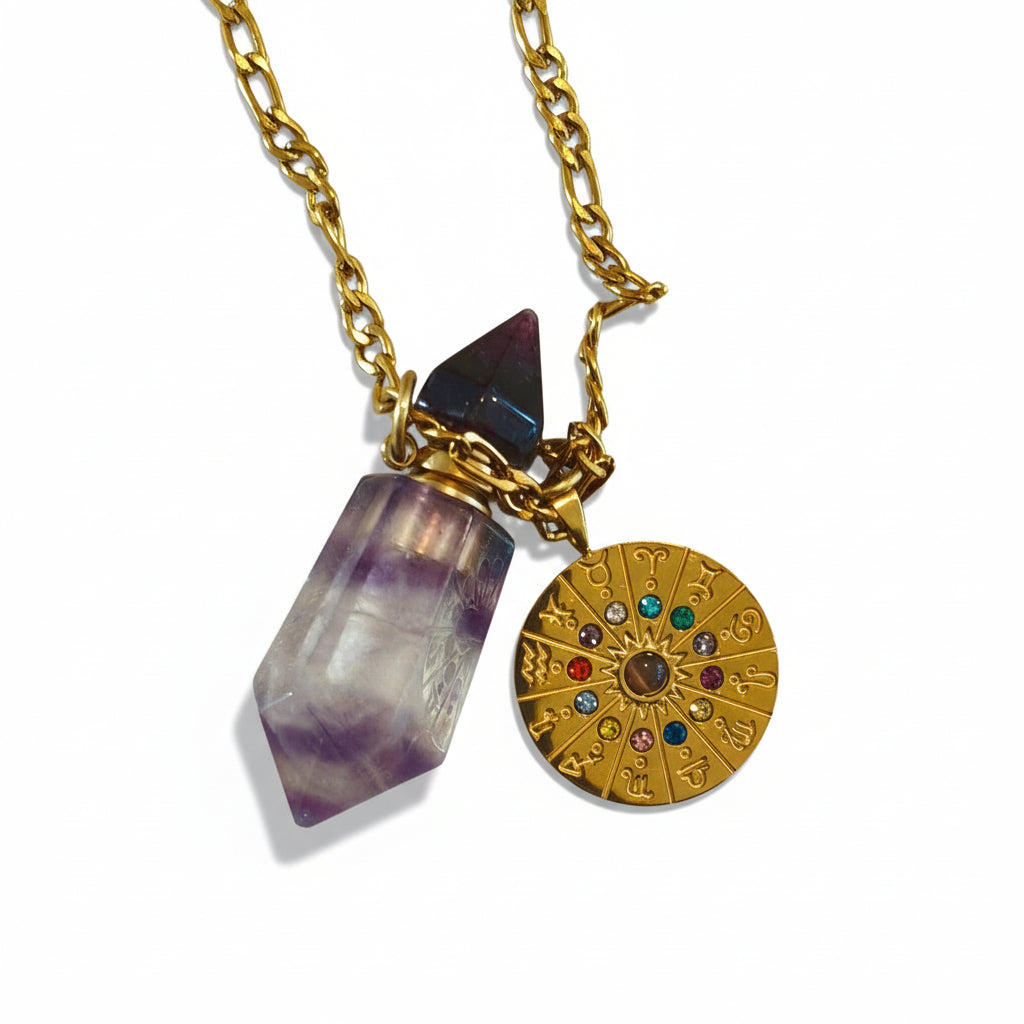 Rainbow Flourite crystal perfume pendant bottle with gold zodiac clock charm and chain