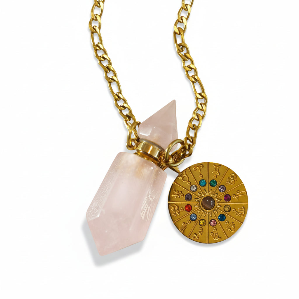 Rose Quartz crystal perfume pendant bottle with gold zodiac clock charm and chain