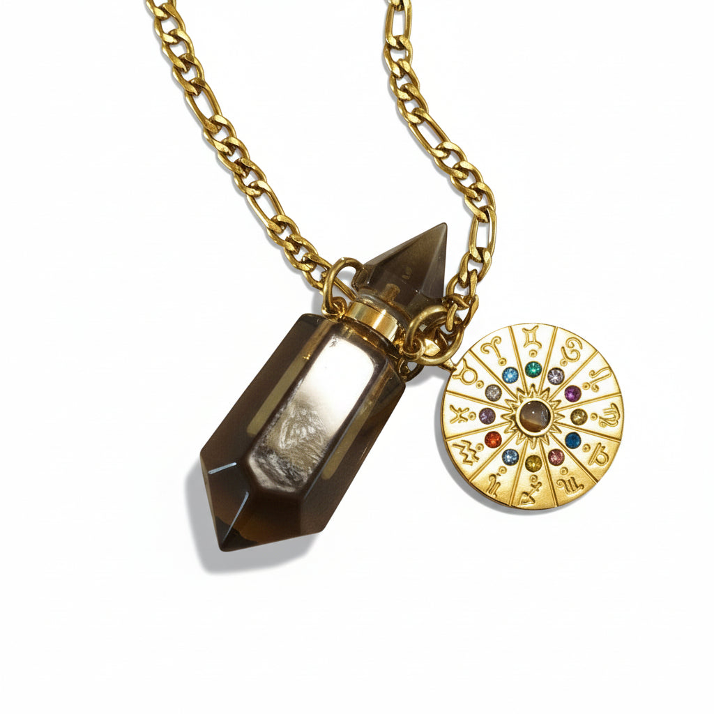 zodiac clock Necklace with a gold chain, smoky quartz crystal pendant perfume bottle on marble background