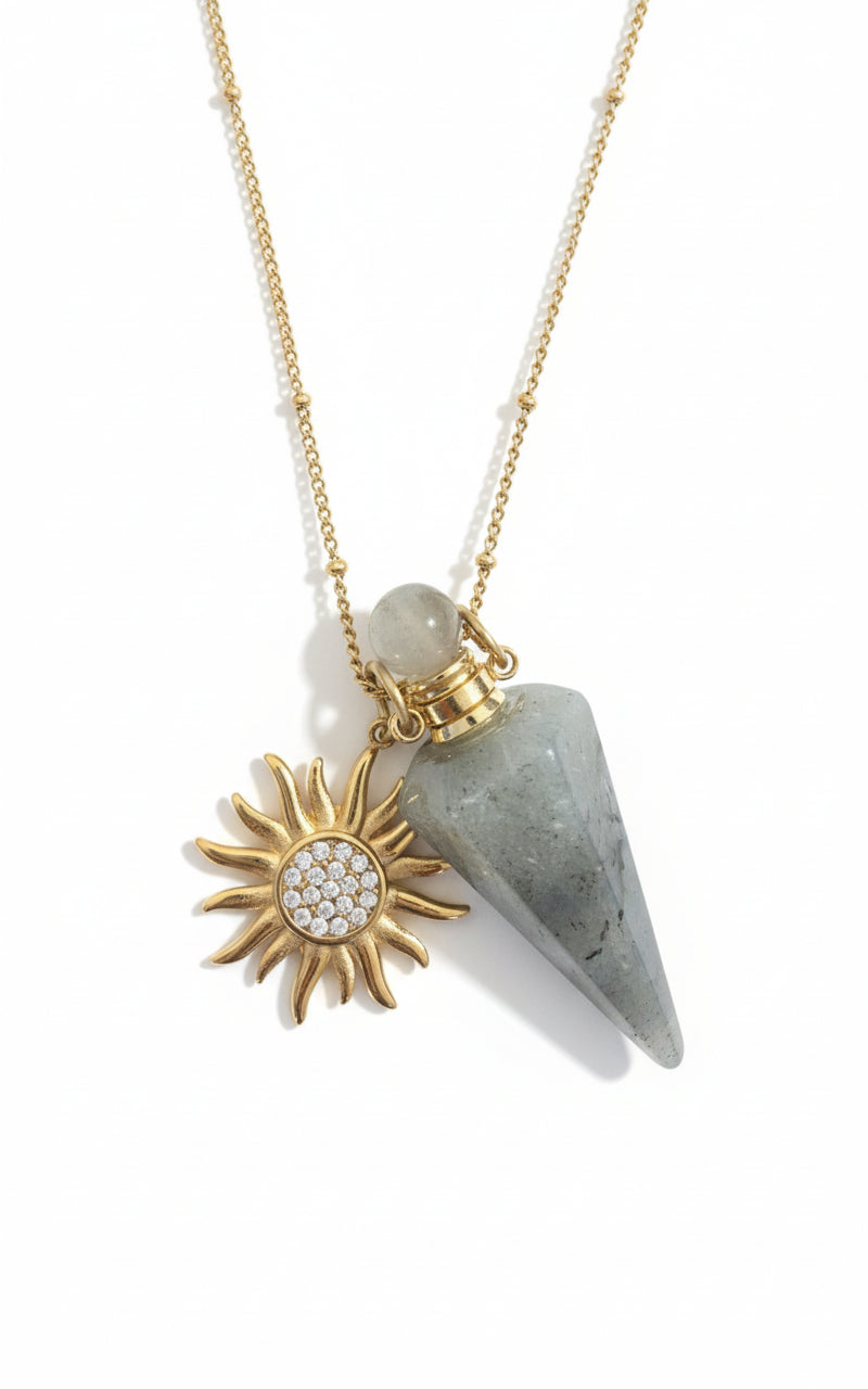 Spectorolite crytal perfume pendant bottle Necklace with sun-shaped pendant 