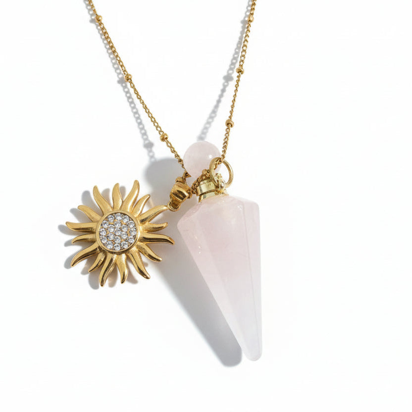 Sunflower pendant with rose quarts pendulum pendant