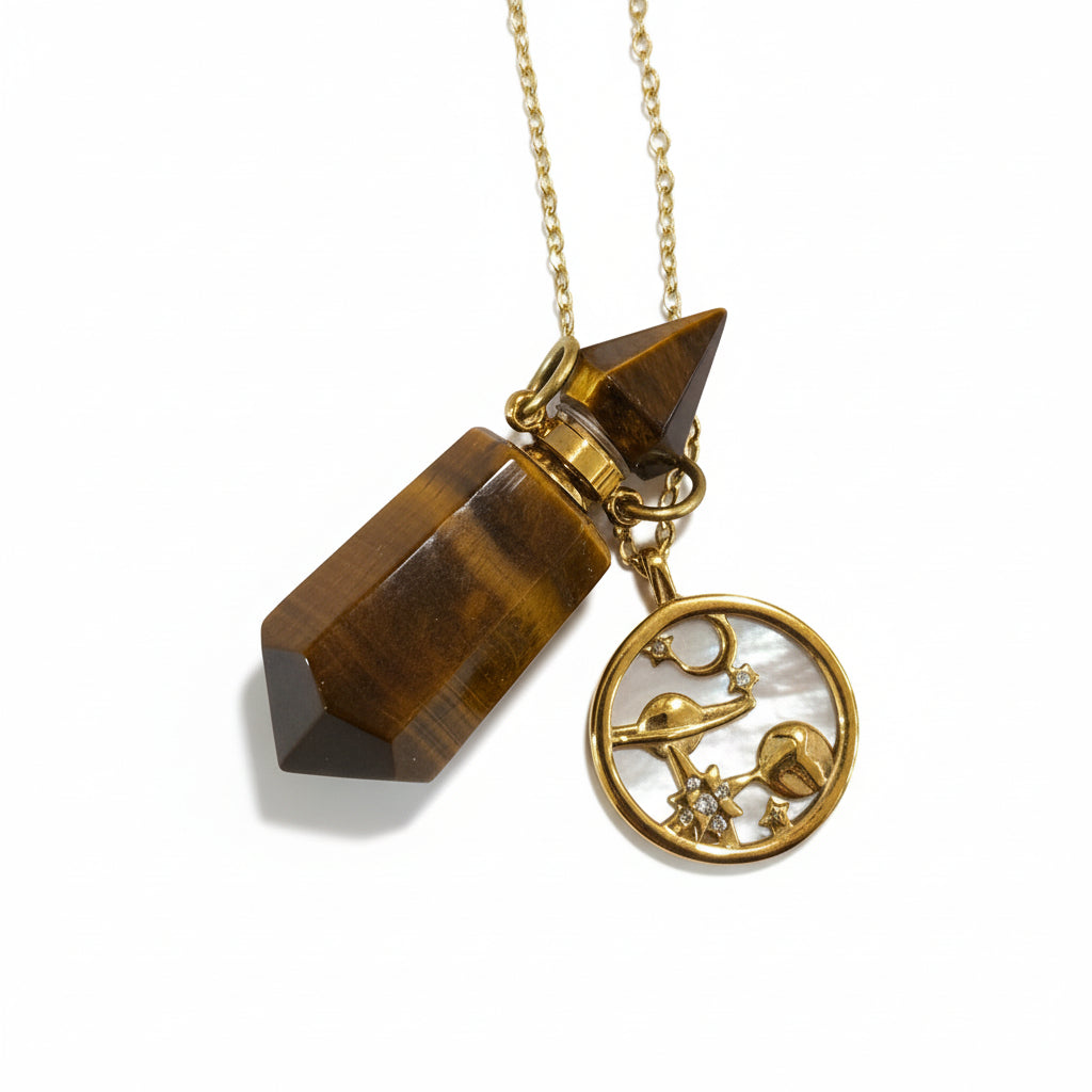 Tiger eye crystal perfume pendant bottle Necklace with a gold cosmos charm and chain