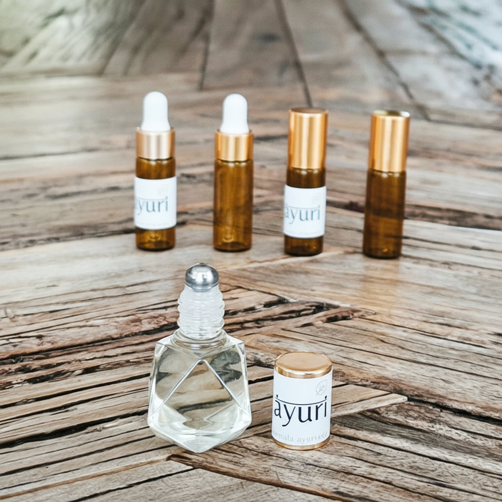 Set of hand-blended aromatherapy perfume bottles on a wooden table with a blurred background